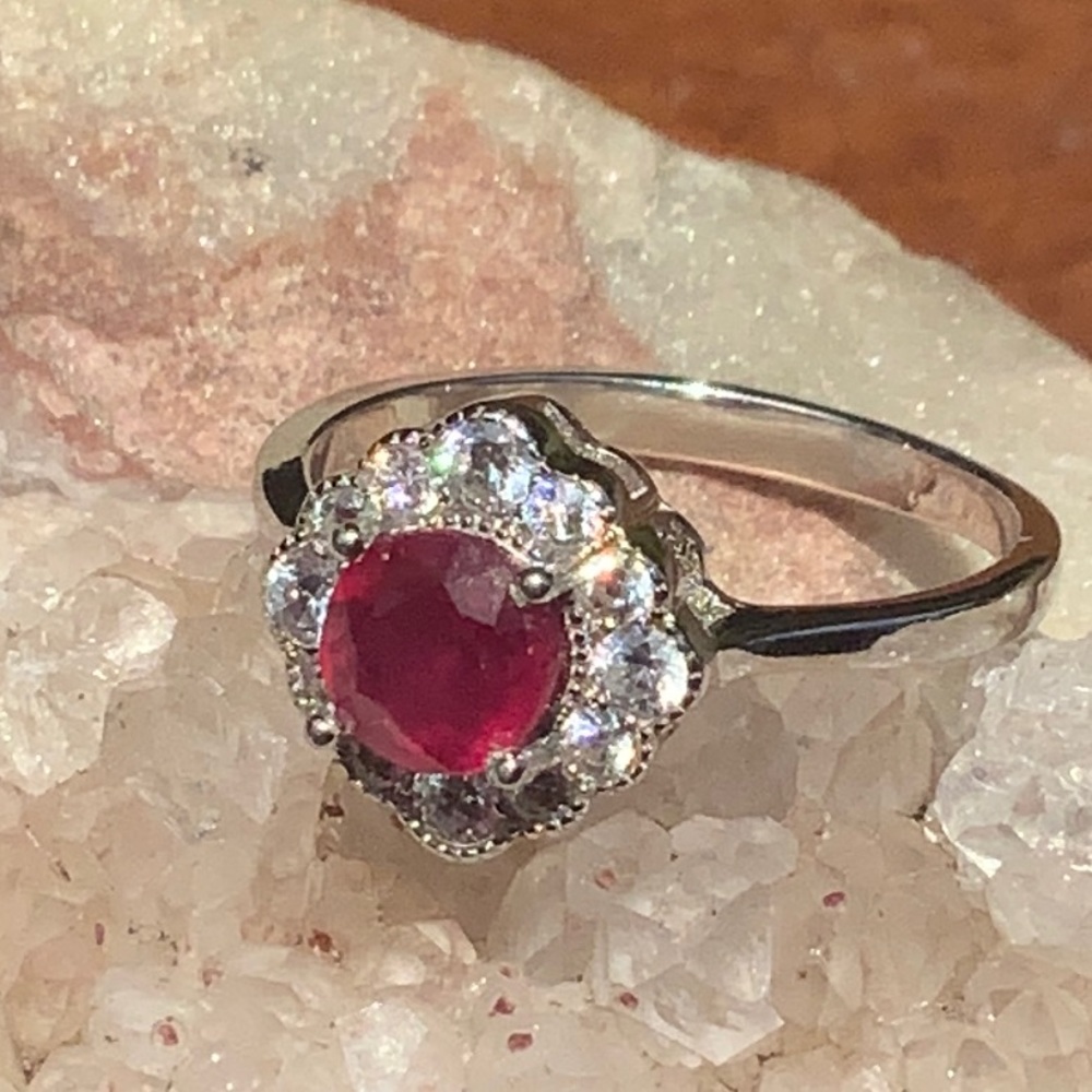 ROUND RED RUBY WITH SIMULATED CZ 925 STERLING SILVER RING, SIZE 7.75